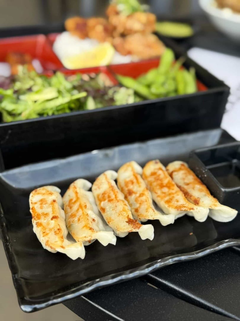 Pan-fried gyoza with a bento box of chicken, rice, salad, and edamame in the background.